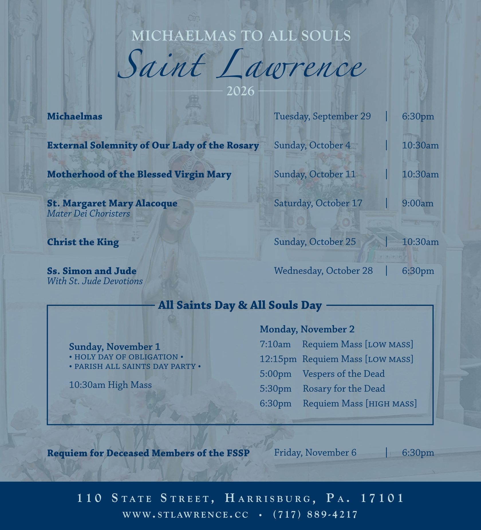 Michaelmas to All Souls 2026 Sung Mass schedule poster